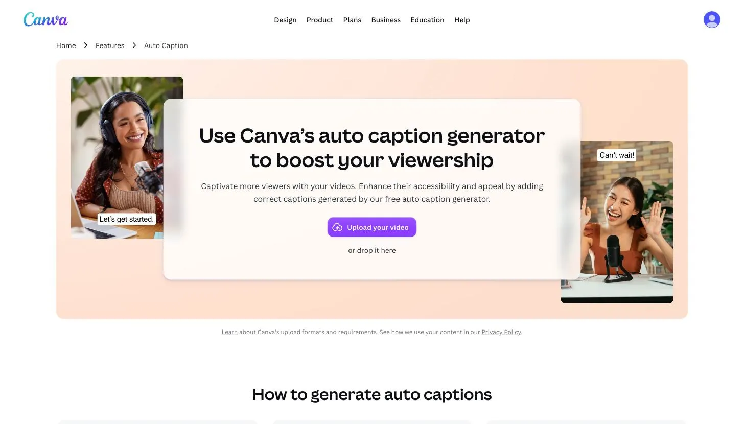 Canva's auto caption generator, upload screen