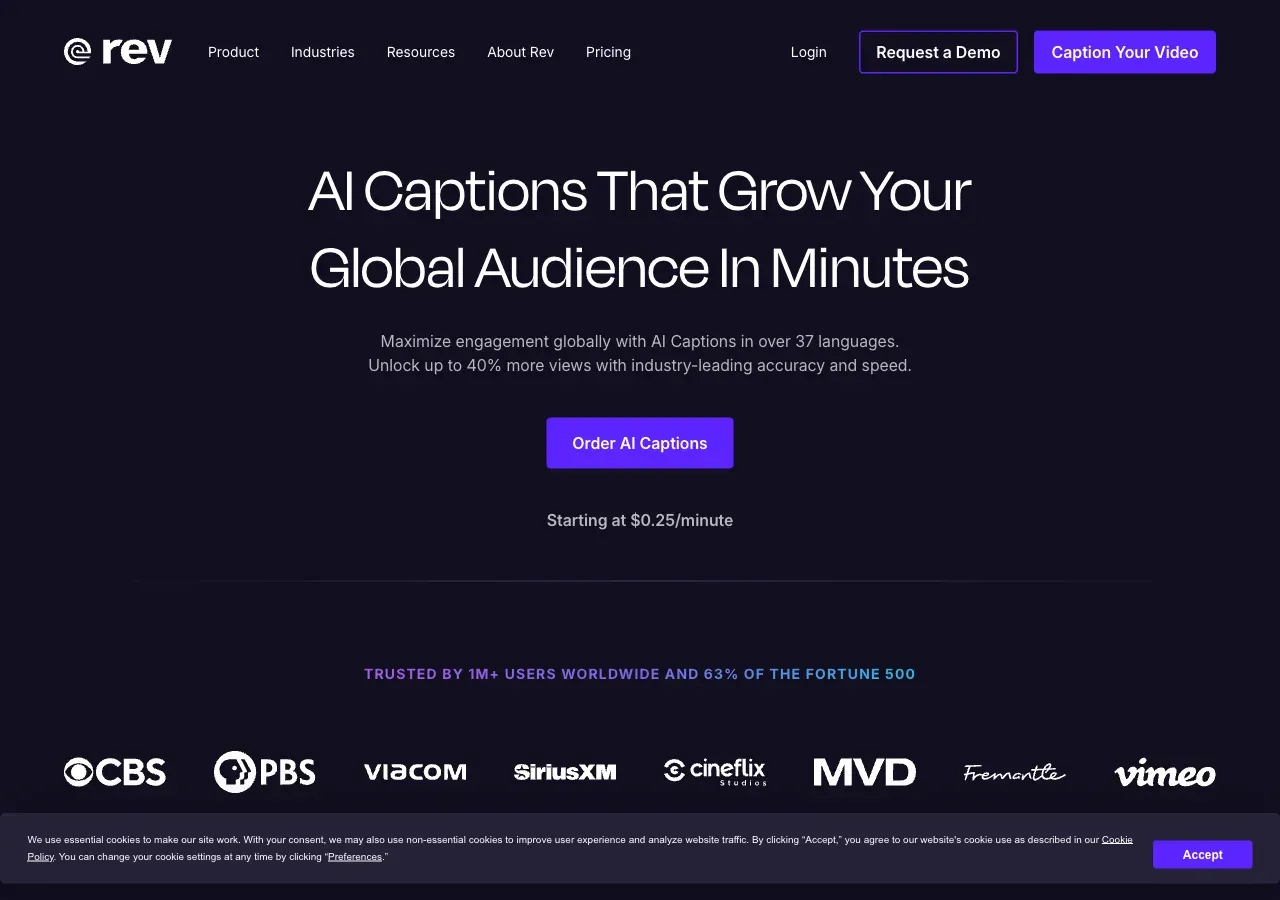 Rev's AI Captions product page, showing per-minute pricing for AI and human-reviewed captions