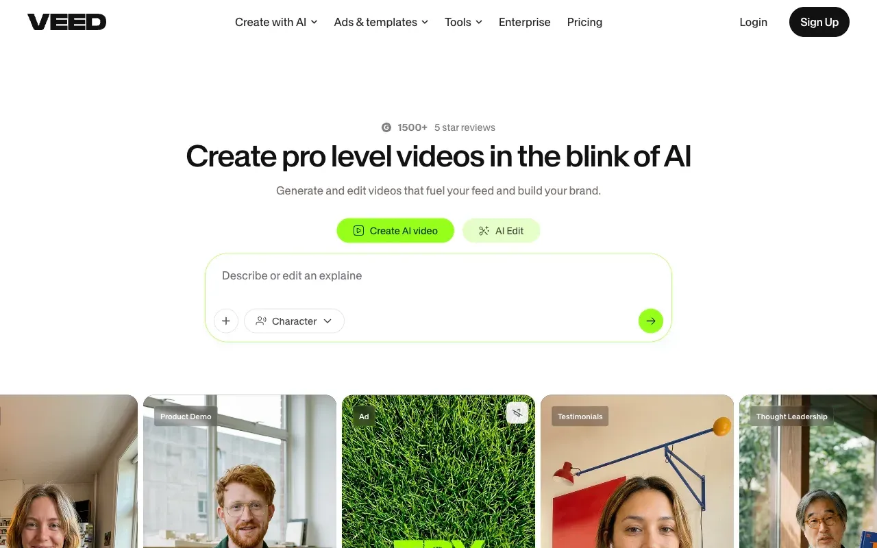 VEED homepage, showing its AI video creation platform positioning