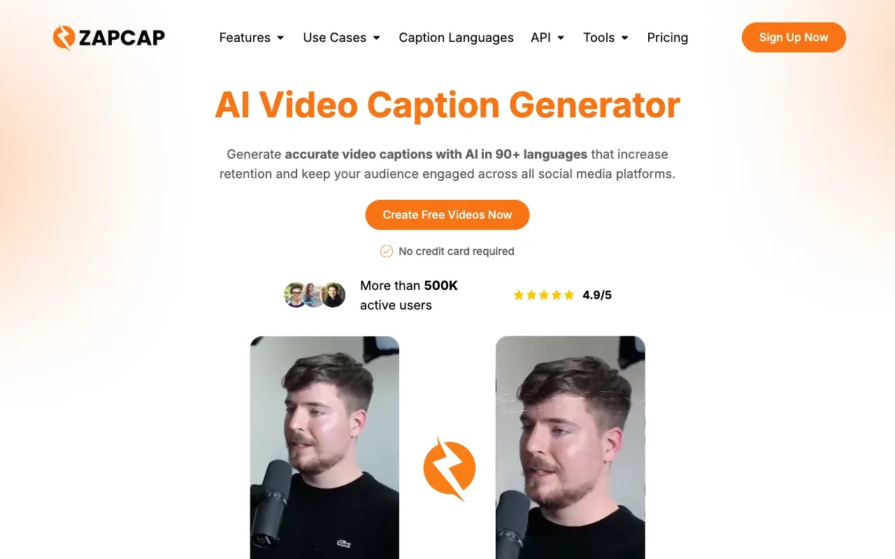 ZapCap homepage, showing its AI video caption generator