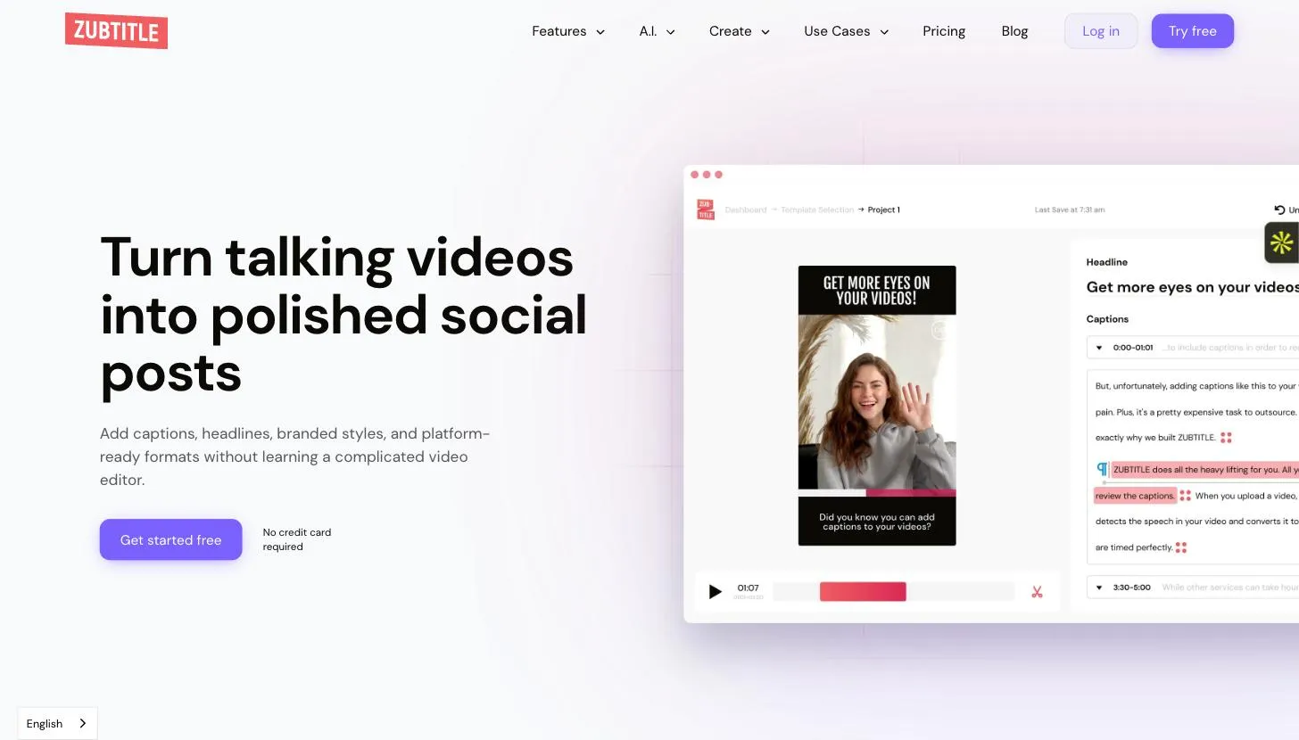 Zubtitle homepage, showing its social-clip captioning tool